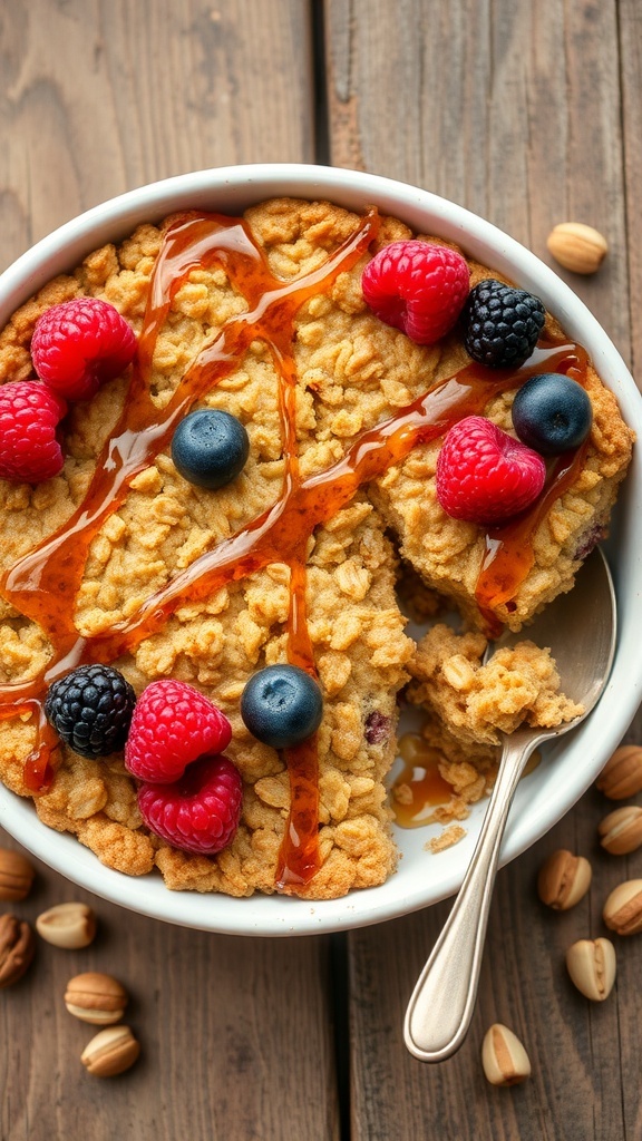 Baked oatmeal squares topped with berries and maple syrup on a wooden table.